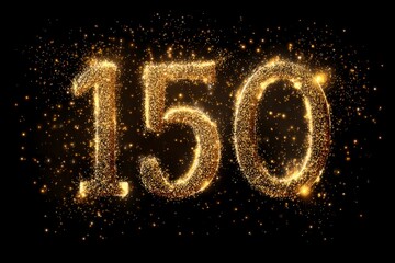 Sparkling Golden Number 150 with Glitter Effects on Black Background