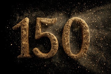Dusty Number 150 Made of Gold Like Material Against Black Background