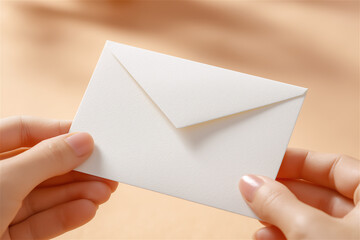 Fototapeta premium Hands holding a blank white envelope on warm background, minimalist concept for mail, invitation or business message, clean stationery mockup with copy space and privacy.