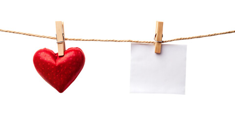 Red heart and blank note on clothesline with clothespins on white background isolated on a transparent background