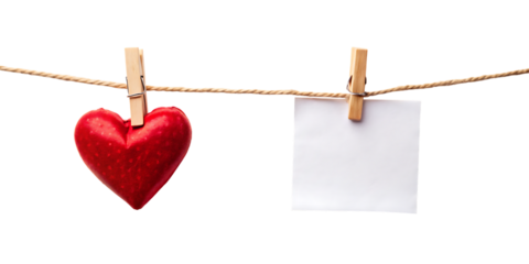 Red heart and blank note on clothesline with clothespins on white background isolated on a transparent background