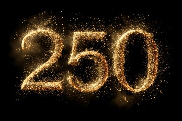 Sparkling Golden Glitter Number 250 Against Black Background