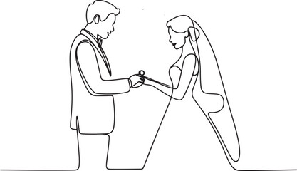 Fototapeta premium Continuous one line drawing groom putting ring on bride's finger during wedding ceremony. Bride and groom make vow of loyalty on their wedding day.one line vector illustration with out background.