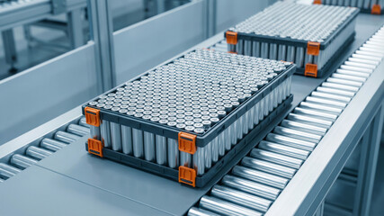 Lithium-ion battery cells moving on production line