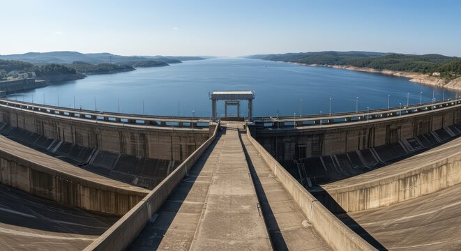 Expansive view from the massive concrete dam crest. The reservoir water stretches to the horizon under a clear sky, showing hydro power scale, barrier, industry, scale