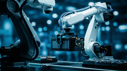 Robotic arms assembling electric vehicle batteries in factory