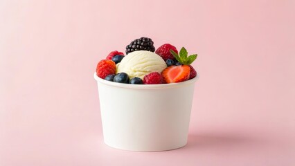 A white cup filled with vanilla ice cream and assorted fresh berries including raspberries, blueberries, strawberries, and blackberries on a pink background.
