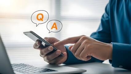 Person holding smartphone with q a symbols nearby on a laptop