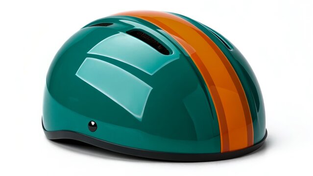 A green and orange bicycle helmet with a glossy finish. The helmet features ventilation holes and a sleek design, suitable for cycling safety. - Powered by Adobe
