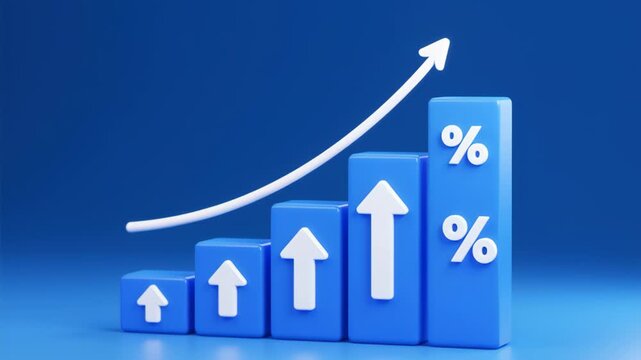 Financial growth and wealth management key for compound interest success in retirement planning with rising blue bars upward arrows symbolizing progress and success