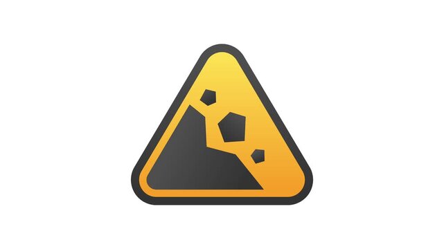 Falling Rocks or Landslide Hazard Warning Road Sign Animation on White Background for Traffic Safety Caution Alert and Mountainous Terrain Navigation Information in High Definition Quality