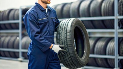 A young Caucasian man in a blue work uniform carries a tire in a storage area filled with stacked tires. The scene represents automotive service and maintenance.