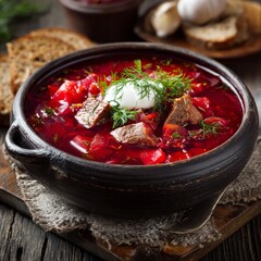Ukrainian borscht with sour cream in a restaurant.

