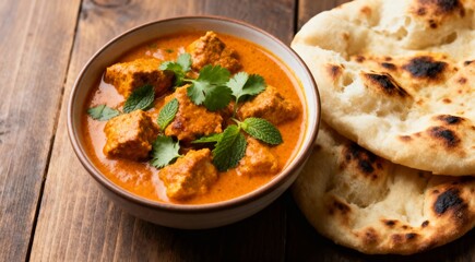 Tikka masala with herbs and homemade naan bread