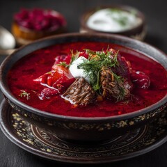 Ukrainian borscht with sour cream in a restaurant.
