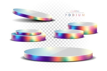 3D Colorful Vector Podium and Pedestal Stage Platform for Product Display Showcase Gradient Holographic Background.