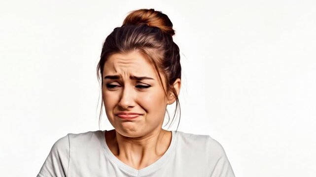 Confused young woman shrugging shoulders and making facepalm gesture. Disappointed female feeling embarrassment or making mistake isolated on white background 4k.