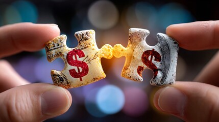 Hands Holding Puzzle Pieces with Dollar Signs