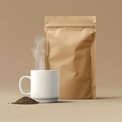 Aromatic Coffee Beans Steaming Mug  Kraft Packaging Pouch Product mockup, 