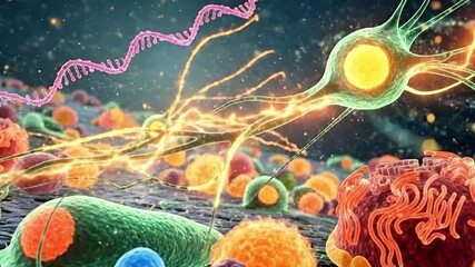 A detailed microscopic visualization various biological cells, a complex neural network, and a twisting DNA helix communicating dynamically. - Powered by Adobe