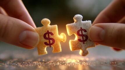 Hands Connecting Dollar Puzzle Pieces on Table