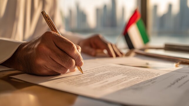 Arabian man signing a business agreement with a golden pen in an office overlooking a cityscape