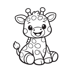 Fototapeta premium An adorable vector artwork of a baby giraffe standing happily, featuring big eyes, small horns, and a long neck, illustrated with simple lines and a warm, friendly cartoon style.