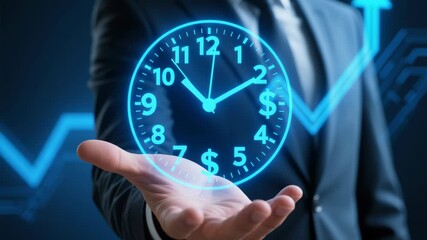 Financial planning and management with clock and hand for business finance growth success using compound interest money dollar suit ensuring long term retirement goals and wealth growth - Powered by Adobe