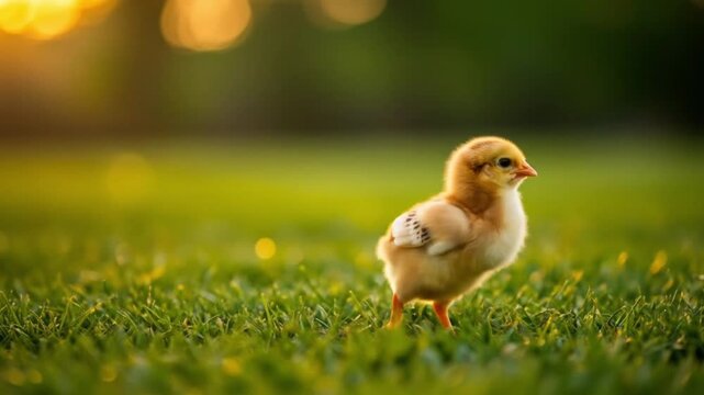 Fuzzy yellow chick on green grass, with blurred sunlight. Perfect for easter, spring, farm, animals, and childrens illustrations.