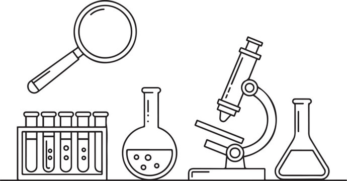 School supplies set. Back to school. Magnifying glass, microscope, laboratory glass equipment, test tubes.one line vector illustration with out background.