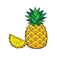 A clean vector design of a pineapple fruit with several cut pineapple slices, drawn in a modern flat style with smooth lines, balanced composition, and a fresh tropical look.