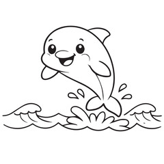 A cute vector illustration of a happy dolphin jumping out of the ocean, surrounded by splashing water, soft waves, and a bright cheerful atmosphere that feels playful and joyful.