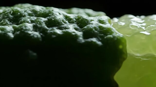 Extreme Macro Close Up Of Kaffir Lime Showing Wrinkled Peel And Juicy Pulp
