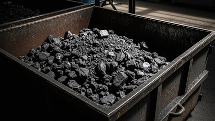 Pile of coal in steel container, industrial fuel supply with coal storage container and raw energy resource, suitable for editorial use, energy industry articles, and industrial background imagery.