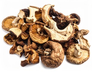Pile of dried edible fungi isolated on white background