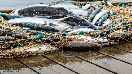 Fishing net full of fresh catch, fresh fish catch with commercial fishing scene and seafood harvest concept, suitable for editorial use, food industry articles, and coastal lifestyle content.