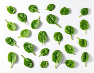 Overhead view of scattered green leaves with subtle shadows on white