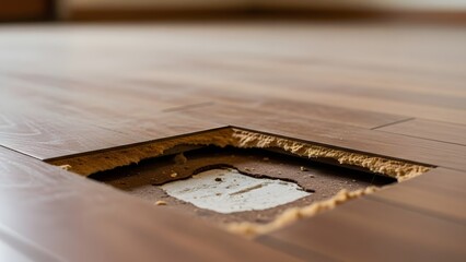 Damaged wooden laminate flooring with exposed underlayment and debris damaged floor broken flooring wood floor