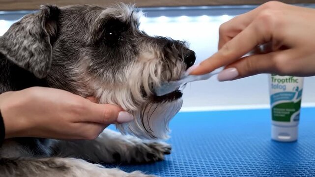 Veterinary professional brushing miniature schnauzer's teeth with fingertip toothbrush, maintaining optimal dental health for small dog during routine care