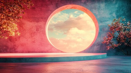 Circular window, pink & blue studio, blooming trees, sunset sky, product display