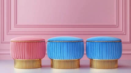 Pink room, three velvet ottomans, gold base, interior design
