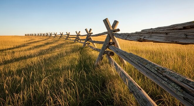Golden hour illuminates a rustic split rail fence across vast grasslands, symbolizing the frontier and enduring legacy concept of Abraham Lincoln's era