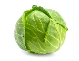 Close-up of a vibrant green cabbage against a clean white backdrop