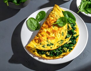 Fluffy omelet with spinach filling on a white plate, grey backdrop