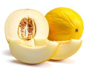 A ripe golden melon, sliced, revealing seeds, isolated on white