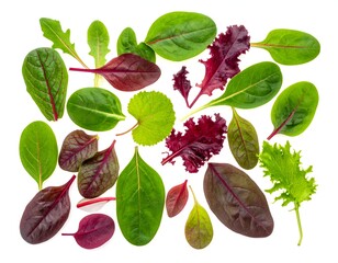 Assorted vibrant leafy greens arranged on a stark white background