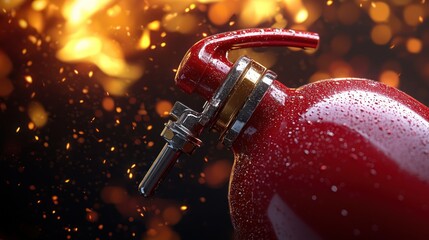 Red fire extinguisher, water droplets, fire background, safety