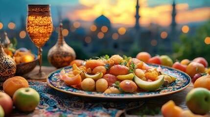 Apricot fruit dessert, sunset, mosque,  Middle East, dinner, food photography, website