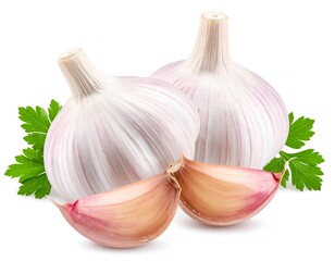 Two garlic bulbs and two cloves with parsley garnish