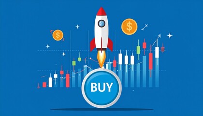 Rocket ship launching with buy button and growing financial charts